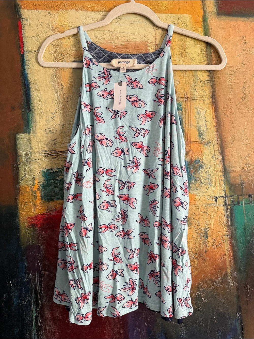 NWT Anthropologie Porridge Blue Koi Fish Layered Swing Tank Top, Size Small